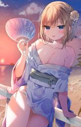 Rule 34 | 1girl, :p, arm support, bare shoulders, beach, blue eyes, blue kimono, blurry, blurry background, blush, breasts, brown hair, cleavage, closed mouth, commentary, depth of field, flower, grey panties, hair between eyes, hair flower, hair ornament, hand fan, highres, holding, holding fan, horizon, japanese clothes, kimono, mafuyu (chibi21), medium breasts, obi, ocean, off shoulder, original, outdoors, panties, paper fan, railing, sand, sash, skindentation, smile, solo, sunset, symbol-only commentary, tongue, tongue out, uchiwa, underwear, water, white flower