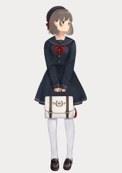 Rule 34 | 1girl, bad id, bad pixiv id, bag, beret, blue hat, blue sailor collar, blue shirt, blue skirt, bow, brown eyes, brown footwear, collarbone, commentary request, dress shirt, earrings, full body, grey background, hat, highres, holding, holding bag, jewelry, light brown hair, loafers, long sleeves, looking away, looking to the side, original, pantyhose, pleated skirt, red bow, sailor collar, school bag, school uniform, serafuku, shii (kairi-t-k0317), shirt, shoes, short hair, simple background, skirt, sleeves past wrists, solo, standing, white pantyhose