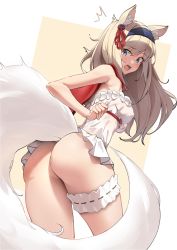 Rule 34 | 1girl, animal ears, ass, bare shoulders, blade &amp; soul, blonde hair, blue eyes, blush, breasts, cape, covered erect nipples, dress, fang, hairband, highres, horse ears, horse tail, k pring, long hair, medium breasts, no panties, open mouth, original, solo, tail, thigh strap