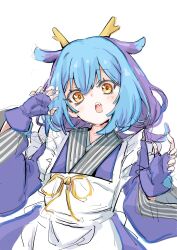 1girl apron blue_hair blue_kimono dragon_girl dragon_horns duel_monster fingerless_gloves gloves highres horns japanese_clothes jigenshin kimono laundry_dragonmaid looking_at_viewer maid maid_apron open_mouth simple_background solo wa_maid white_background yellow_eyes yu-gi-oh!