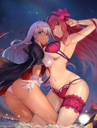 Rule 34 | 2girls, ass, bat wings, bb (fate), bb (fate) (all), bb (swimsuit mooncancer) (fate), bb (swimsuit mooncancer) (second ascension) (fate), bikini, black coat, bracelet, breasts, bridal garter, coat, commentary request, dark-skinned female, dark skin, fate/grand order, fate (series), flower, gloves, grin, hair flower, hair ornament, hair ribbon, hibiscus, highres, jewelry, kakumayu, large breasts, leotard, long hair, looking at viewer, multiple girls, navel, neck ribbon, night, night sky, pink bikini, popped collar, purple eyes, purple hair, red eyes, red ribbon, ribbon, scathach (fate), scathach (fate/grand order), scathach (swimsuit assassin) (fate), sky, smile, swimsuit, tan, thighs, vampire costume, very long hair, white gloves, white leotard, wings