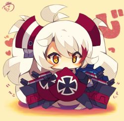 Rule 34 | azur lane, beige background, blush, chibi, closed mouth, cross, dress, full body, hair between eyes, heart, iron cross, long hair, long sleeves, looking at viewer, multicolored hair, muuran, orange hair, prinz eugen (azur lane), red dress, red hair, signature, sleeves past fingers, sleeves past wrists, star-shaped pupils, star (symbol), streaked hair, symbol-shaped pupils, translation request, twintails, very long hair, white hair