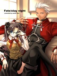 Rule 34 | 00s, 1boy, 1girl, archer (fate), black thighhighs, dark-skinned male, dark skin, fate/stay night, fate (series), glasses, height difference, long legs, thighhighs, tohsaka rin, twintails, two side up, vanilla (artist), vanilla (nicolla), zettai ryouiki