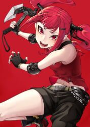 Rule 34 | 1girl, axe, belt buckle, blurry, buckle, cz75 (girls&#039; frontline), depth of field, elbow pads, fingerless gloves, girls&#039; frontline, gloves, hair ornament, hairclip, highres, holding, holding axe, looking at viewer, nakiusagi, navel, open mouth, red background, red hair, red theme, shorts, simple background, solo, teeth, tongue, tsurime, twintails, weapon