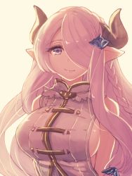 Rule 34 | 10s, 1girl, bad id, bad pixiv id, breasts, draph, granblue fantasy, hair ornament, hair over one eye, horns, konsui (grcoma), large breasts, light purple hair, light smile, looking at viewer, narmaya (granblue fantasy), pointy ears, purple eyes, solo, upper body