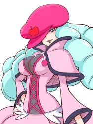 Rule 34 | 10s, 1girl, bakusai, blue eyes, blue hair, breasts, dress, hand on own hip, happinesscharge precure!, hat, hosshiwa, large breasts, long hair, matching hair/eyes, pink dress, pink hat, precure, ringlets, shawl, solo, white background