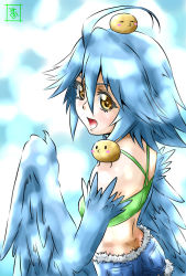 Rule 34 | 10s, 1girl, ahoge, animal, animal on head, animal on shoulder, ass, bird, bird on head, bird on shoulder, blue hair, blue wings, blush stickers, butt crack, chick, cowboy shot, dimples of venus, feathered wings, from behind, harpy, monster girl, monster musume no iru nichijou, on head, papi (monster musume), s-now, signature, solo, winged arms, wings, yellow eyes
