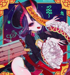 Rule 34 | 1girl, :d, ass, bamboo, bare legs, bell, black dress, blush, breasts, china dress, chinese clothes, cleavage cutout, clothing cutout, dress, eyeliner, fang, fangs, fate/grand order, fate (series), fingernails, hair rings, hat, hikimayu, horns, jiangshi, long fingernails, looking at viewer, makeup, nail polish, no panties, ofuda, oni, open mouth, outstretched arms, pale skin, pelvic curtain, pointy ears, purple eyes, purple hair, qingdai guanmao, red nails, sara (kurome1127), sharp fingernails, short hair, shuten douji (fate), shuten douji (festival outfit) (fate), sidelocks, skin-covered horns, small breasts, smile, solo, talisman, wide sleeves, yellow background
