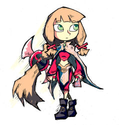Rule 34 | 1girl, blonde hair, boots, cape, character request, closed mouth, commentary, english commentary, green eyes, hair ornament, holding, jewelry, katia (rune), long hair, long sleeves, looking to the side, pelvic curtain, ring, rune (video game), setz, simple background, sketch, solo, standing, very long hair, walking, white background