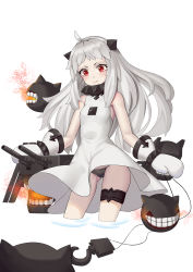 Rule 34 | 1girl, 3:, absurdres, abyssal ship, ahoge, black panties, commentary request, dress, enemy aircraft (kancolle), highres, horns, kantai collection, long hair, looking at viewer, machinery, mittens, northern ocean princess, pale skin, panties, pantyshot, red eyes, shallow water, simple background, standing, turret, underwear, v-shaped eyebrows, white background, white dress, white hair, xian yu zhanshi