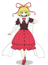 Rule 34 | 1girl, :d, black shirt, blonde hair, blue eyes, bow, bowtie, commentary, frilled skirt, frills, hair ribbon, highres, kakone, looking at viewer, medicine melancholy, open mouth, red bow, red bowtie, red footwear, red ribbon, red skirt, ribbon, shirt, short hair, short sleeves, skirt, smile, solo, touhou