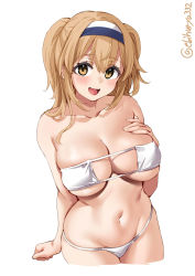 Rule 34 | 1girl, bare arms, bare shoulders, bikini, blush, breast suppress, breasts, brown eyes, collarbone, cowboy shot, cropped legs, ebifurya, eyepatch bikini, groin, hair between eyes, hairband, hand on own chest, hand up, highres, i-26 (kancolle), kantai collection, large breasts, light brown hair, looking at viewer, navel, one-hour drawing challenge, open mouth, simple background, skindentation, smile, solo, swimsuit, tongue, twitter username, white background, white bikini