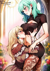 Rule 34 | 2girls, artist name, blonde hair, blush, breasts, brown dress, byleth (female) (fire emblem), byleth (fire emblem), church, cleavage, dated, dress, enlightened byleth (female), fire emblem, fire emblem: three houses, grabbing, grabbing another&#039;s breast, green eyes, green hair, kneeling, large breasts, mercedes von martritz, mina cream, multiple girls, nintendo, patterned legwear, signature, squinting, yuri