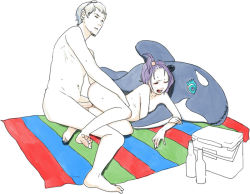 Rule 34 | 1boy, 1girl, barefoot, beach, commentary, couple, feet, flat chest, hetero, nude, penis, pussy, ryuko azuma, sex, simple background, sketch, spooning, stuffed animal, stuffed toy, traditional media, uncensored, vaginal, whale, white background