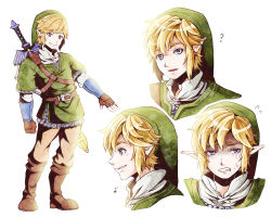 Rule 34 | 1boy, ?, armor, belt, blonde hair, blue eyes, earrings, gloves, green shirt, hat, jewelry, kuhaha, link, male focus, musical note, nintendo, pointy ears, scale armor, shirt, smile, solo, sword, the legend of zelda, the legend of zelda: skyward sword, weapon