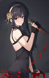 Rule 34 | 1girl, absurdres, beten, black background, black gloves, black hair, blood, bloody weapon, breasts, closed mouth, earrings, fingerless gloves, flower, from side, gloves, gold earrings, gold hairband, hair flower, hair ornament, hairband, highres, jewelry, large breasts, looking at viewer, looking to the side, red eyes, rose, shadow, sidelocks, solo, spy x family, upper body, weapon, yor briar