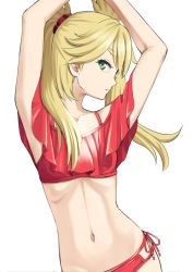 Rule 34 | 1girl, arms up, bare arms, bikini, blonde hair, burn the witch, closed mouth, collarbone, easy (aqk7bdqt), flat chest, floating hair, green eyes, hair ornament, long hair, looking at viewer, navel, ninny spangcole, red bikini, red ribbon, ribbon, side-tie bikini bottom, simple background, solo, standing, swimsuit, twintails, two side up, white background