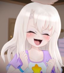 Rule 34 | 1boy, 1girl, 3d, ^ ^, blonde hair, blush, child, closed eyes, fate/kaleid liner prisma illya, fate (series), gs-mantis, hand on another&#039;s head, headpat, hetero, illyasviel von einzbern, indoors, long hair, nail polish, open mouth, self-upload, smile, solo focus, source request, tongue, uvula