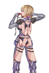 Rule 34 | 1girl, arms behind back, bdsm, blonde hair, blue eyes, commentary request, cuffs, dildo gag, elf, exoskeleton, gag, gagging, haimei1980, highres, holding gag, joints, looking at viewer, looking back, mechanical arms, mechanical legs, original, pointy ears, reverse prayer, robot joints, second-party source, shackles, simple background, skindentation, solo, standing, thumbcuffs, toecuffs, variant set, vial, white background
