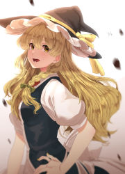 Rule 34 | 1girl, black hat, black vest, blonde hair, blurry, blurry background, bow, braid, breasts, depth of field, gradient background, hair between eyes, hand on own hip, hat, highres, irohasu (sasagarasu), kirisame marisa, long hair, looking at viewer, lower teeth only, motion blur, open mouth, puffy short sleeves, puffy sleeves, shirt, short sleeves, small breasts, solo, teeth, touhou, vest, white shirt, witch hat, yellow eyes