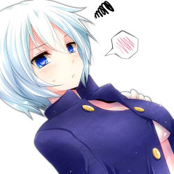 Rule 34 | 1girl, :t, androgynous, blue eyes, blush, breasts, buttons, character request, crossdressing, dutch angle, from side, gakuran, hair between eyes, high collar, highres, long sleeves, looking at viewer, naked shirt, no bra, official art, open clothes, open shirt, outline, pout, rip-off (manga), school uniform, shirt, short hair, simple background, solo, speech bubble, spoken blush, squiggle, sweatdrop, tomboy, unbuttoned, underboob, watarui, white background, white hair