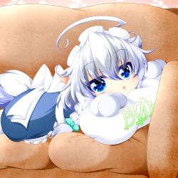 Rule 34 | 1girl, ahoge, animal ears, animal hands, apron, blue eyes, blue skirt, blue vest, braid, chestnut mouth, chibi, commentary request, couch, dog ears, dog tail, feet out of frame, gloves, hair between eyes, hair ribbon, highres, inu sakuya (nejikirio), izayoi sakuya, looking at viewer, lying, muumuu (sirufuruteienn), on couch, on stomach, paw gloves, pillow, ribbon, short hair, silver hair, skirt, solo, tail, touhou, tress ribbon, twin braids, vest, waist apron
