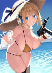 Rule 34 | 1girl, :d, bare shoulders, bikini, black thighhighs, blonde hair, blue eyes, blue ribbon, breasts, brown hat, cleavage, collarbone, day, gen (black factory), grin, hat, hat ribbon, headphones, highres, holding, large breasts, leaning forward, long sleeves, looking at viewer, ocean, off shoulder, open clothes, open mouth, orange bikini, original, outdoors, ribbon, short hair, smile, solo, strap lift, straw hat, swimsuit, teasing, teeth, thighhighs, water, water gun