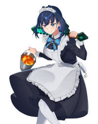 Rule 34 | 1girl, blue hair, bucket, closed mouth, commentary, earrings, english commentary, highres, holding, holding bucket, holding sword, holding weapon, hololive, hololive english, jewelry, maid, maid headdress, minecraft, minecraft sword, lava, ouro kronii, pantyhose, ribbon earrings, simple background, split mouth, sword, sword behind back, taletoki, virtual youtuber, weapon, white background