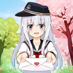 Rule 34 | 1girl, :d, absurdres, black hat, black sailor collar, blue eyes, blush, cherry blossoms, collarbone, commentary request, day, envelope, foreshortening, giving, grass, hair between eyes, hat, heart, hibiki (kancolle), highres, holding, holding envelope, kantai collection, long hair, long sleeves, looking at viewer, neckerchief, open mouth, outdoors, pov, red neckerchief, sailor collar, school uniform, serafuku, sidelocks, silver hair, sky, smile, solo, tree, tsubasa tsubasa, upper body