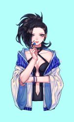 Rule 34 | 10s, 1girl, anlustre, black dress, black eyes, black hair, boku no hero academia, bracelet, breasts, center opening, cleavage, dated, dress, eyelashes, halterneck, heart, highres, jacket, jewelry, long hair, looking at viewer, medium breasts, navel, open clothes, open jacket, parted lips, ponytail, red lips, simple background, solo, upper body, yaoyorozu momo