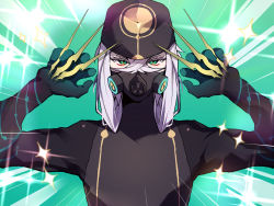 Rule 34 | 1boy, asclepius (fate), black jacket, double v, emotional engine - full drive, fate/grand order, fate (series), gloves, green eyes, hair between eyes, hands up, hat, hood, hood up, hooded jacket, jacket, long hair, long sleeves, looking at viewer, makuro, male focus, mask, open mouth, parody, solo, sparkle, star (symbol), upper body, v, white hair