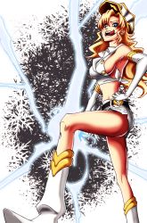 Rule 34 | 1girl, armpits, bare shoulders, belt, bleach, bleach: sennen kessen-hen, blonde hair, blue eyes, boots, breasts, candice catnipp, electricity, gloves, hat, kubo tite, legs, long hair, long legs, midriff, official art, open mouth, peaked cap, quincy (bleach), shirt, short shorts, shorts, sideboob, sleeveless, smile, solo, thighs, tied shirt, tongue, tongue out, uniform, wavy hair, white gloves, white hat