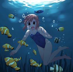 Rule 34 | 1girl, air bubble, bare legs, blue one-piece swimsuit, breasts, brown eyes, brown hair, bubble, clownfish, competition school swimsuit, fish, full body, highres, nichijou, one-piece swimsuit, open mouth, school swimsuit, short hair, small breasts, solo, surgeonfish, swimsuit, tachibana misato, techsupportdog, tropical fish, underwater