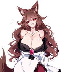 1girl animal_ears bare_shoulders breasts brooch brown_hair cleavage collarbone covered_navel cowboy_shot dress eyelashes fang flying_sweatdrops frills hair_between_eyes highres imaizumi_kagerou jewelry large_breasts long_hair long_sleeves looking_at_viewer off-shoulder_dress off_shoulder open_mouth raptor7 red_eyes simple_background smile solo standing tail touhou wavy_hair white_background white_dress wide_sleeves wolf_ears wolf_girl wolf_tail