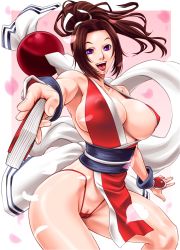Rule 34 | 1girl, bad id, bad pixiv id, bare shoulders, bouzu oyaji, breasts, brown hair, cameltoe, cleavage, clitoris, clitoris slip, fatal fury, fingerless gloves, folded fan, folding fan, gloves, hair ribbon, hand fan, huge breasts, ikumo taisuke, large breasts, long hair, looking at viewer, open mouth, partially visible vulva, pelvic curtain, ponytail, purple eyes, pussy, pussy peek, revealing clothes, ribbon, sash, shiranui mai, smile, snk, solo, the king of fighters, thighs, thong, uncensored