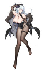 Rule 34 | 1girl, absurdres, black bridal gauntlets, black gloves, black panther, blue eyes, blush, breasts, bridal gauntlets, coat, collar, curvy, feather hair ornament, feathers, flower, full body, fur-trimmed coat, fur trim, gloves, hair flower, hair ornament, highres, huge breasts, jacket, leotard, long hair, no shoes, original, panther, pantyhose, playboy bunny, shiny clothes, shiny legwear, skindentation, swd3e2, thigh strap, white coat, white hair, wide hips
