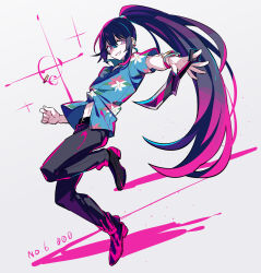 Rule 34 | 1boy, black footwear, black hair, black pants, blue shirt, bracelet, coin, coin flip, commentary, dagger, floral print, grin, hawaiian shirt, high ponytail, highres, holding, holding dagger, holding knife, holding weapon, hong lu (project moon), jewelry, knife, limbus company, long hair, male focus, navel, pants, project moon, shiki (shikki46), shirt, shoes, short sleeves, simple background, smile, solo, sparkle, very long hair, weapon, white background