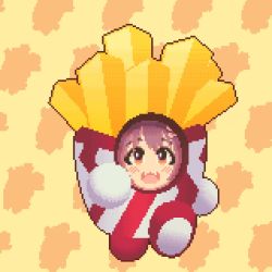Rule 34 | 1girl, 2snacks (artist), :d, animated, brown eyes, brown hair, cosplay, fall guy, fall guy (cosplay), fall guys, fangs, food, french fries, highres, hololive, inugami korone, looping animation, open mouth, pixel art, smile, solo, video, virtual youtuber, walking