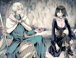 1boy 1girl arm_up black_choker black_hair black_thighhighs boots breasts cape choker collarbone commentary_request cross-laced_footwear dagger green_eyes grel_(r6hgvu5) holding holding_dagger holding_knife holding_staff holding_weapon jitome knife large_breasts octopath_traveler octopath_traveler_ii short_hair sitting smile staff temenos_mistral thighhighs throne_anguis weapon white_cape white_hair