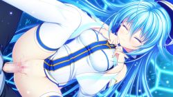 Rule 34 | 1girl, applique (company), asami asami, azurite, blue hair, blush, censored, closed eyes, game cg, hat, long hair, penis, pussy, re:birth colony, sex, thighhighs, vaginal