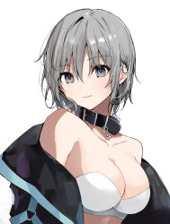 Rule 34 | 1girl, bare shoulders, black choker, black jacket, bra, breasts, choker, cleavage, closed mouth, collarbone, grey eyes, grey hair, highres, jacket, looking at viewer, medium breasts, off shoulder, open clothes, open jacket, original, short hair, sidelocks, simple background, smile, solo, strapless, strapless bra, underwear, upper body, white background, white bra, yon (letter)