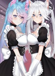 Rule 34 | 2girls, absurdres, ahoge, animal ear fluff, animal ears, apron, asymmetrical docking, backless outfit, black choker, blue eyes, blue hair, blush, breast press, breasts, choker, commentary, elbow gloves, english commentary, eyes visible through hair, flower-shaped pupils, gloves, highres, holding hands, large breasts, long hair, looking at viewer, lulanoon, maid, maid apron, multicolored hair, multiple girls, pink hair, silvervale, streaked hair, symbol-shaped pupils, symmetrical docking, twintails, vei (vtuber), vei (vtuber) (3rd costume), virtual youtuber, vshojo, white gloves, white hair