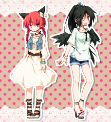 Rule 34 | 2girls, alternate costume, alternate hairstyle, animal ears, bell, black hair, black wings, bow, braid, cat ears, cat girl, contemporary, fang, female focus, hair bow, high heels, hime takeo, jingle bell, kaenbyou rin, long hair, multiple girls, one eye closed, open mouth, open shoes, red eyes, red hair, reiuji utsuho, shoes, short shorts, shorts, touhou, twin braids, vest, wings, wink
