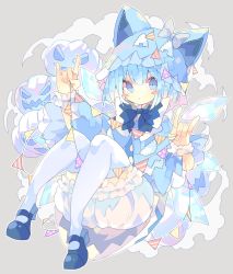 Rule 34 | 1girl, \n/, alternate costume, animal ears, animal hat, bloomers, blue bow, blue bowtie, blue dress, blue eyes, blue footwear, blue hair, blue hat, blush stickers, bow, bowtie, capelet, cat ears, cat hat, cirno, commentary, detached wings, double n/, dress, fake animal ears, full body, grey background, grey bow, hat, hat bow, highres, holding, ice, ice wings, jack-o&#039;-lantern, jack-o&#039;-lantern print, looking at viewer, mary janes, nikorashi-ka, shoes, short hair, solo, string of flags, symbol-only commentary, thighhighs, touhou, underwear, white thighhighs, wings, wrist cuffs