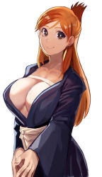 Rule 34 | 1girl, bleach, breasts, brown hair, center opening, cleavage, closed mouth, collarbone, highres, inoue orihime, japanese clothes, large breasts, long hair, looking at viewer, orange hair, own hands together, sash, shaded face, sho-n-d, sideboob, smile, solo, sunlight, white sash