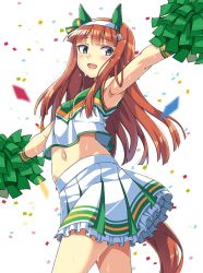 Rule 34 | 1girl, alternate costume, animal ears, armpits, blunt bangs, cheering, cheerleader, confetti, crop top, crop top overhang, ear covers, green eyes, green skirt, hair ornament, hairband, highres, holding, holding pom poms, horse ears, horse girl, horse tail, long hair, looking at viewer, macaroni hourensou, midriff, navel, open mouth, orange hair, pleated skirt, pom pom (cheerleading), pom poms, shirt, silence suzuka (umamusume), simple background, skirt, sleeveless, sleeveless shirt, smile, solo, sweat, tail, two-tone shirt, two-tone skirt, umamusume, white background, white hairband, white shirt