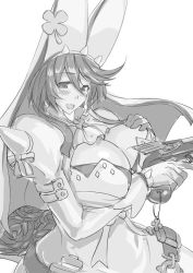 Rule 34 | 1girl, blush, breast lift, breasts, cleavage, dress, earrings, elphelt, elphelt valentine, gloves, greyscale, guilty gear, gun, hat, huge breasts, jewelry, long hair, m hito, monochrome, solo, trigger discipline, veil, weapon