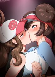 2girls artist_name bare_shoulders baseball_cap black_vest blue_eyes blush breasts brown_hair creatures_(company) double_bun doughnut_hair_bun eye_contact female_focus french_kiss from_side game_freak hair_bun half-closed_eyes hat high_ponytail hilda_(pokemon) holding_hands interlocked_fingers kiss large_breasts long_hair long_sleeves looking_at_another multiple_girls neocoill nintendo patreon_logo patreon_username pink_hat pokemon pokemon_bw pokemon_bw2 ponytail raglan_sleeves rosa_(pokemon) saliva single_hair_bun sleeveless tongue twintails two-tone_headwear upper_body vest visor_cap watermark web_address white_hat wristband yuri