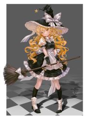 Rule 34 | 1girl, 80isiiii, absurdres, apron, back bow, black footwear, black hat, black skirt, black socks, black vest, blonde hair, blush, boots, border, bow, bowtie, braid, brooch, broom, checkered floor, commentary, eyebrows hidden by hair, fingernails, frilled hat, frills, full body, grin, hair ornament, hat, hat bow, head tilt, highres, holding, holding broom, jewelry, kirisame marisa, kneehighs, long hair, looking at viewer, petticoat, puffy short sleeves, puffy sleeves, shirt, short sleeves, single braid, skirt, skirt set, smile, socks, solo, standing, star (symbol), star hair ornament, striped bow, striped bowtie, striped clothes, symbol-only commentary, teeth, touhou, two-tone footwear, very long hair, vest, waist apron, wavy hair, white apron, white border, white bow, white bowtie, white footwear, white shirt, witch hat, wrist cuffs, yellow bow, yellow eyes