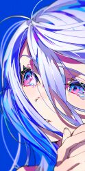 Rule 34 | 1girl, blue background, blue eyes, commentary request, grey hair, hair between eyes, hand up, highres, looking away, mika pikazo, original, parted lips, simple background, solo, tears, upper body
